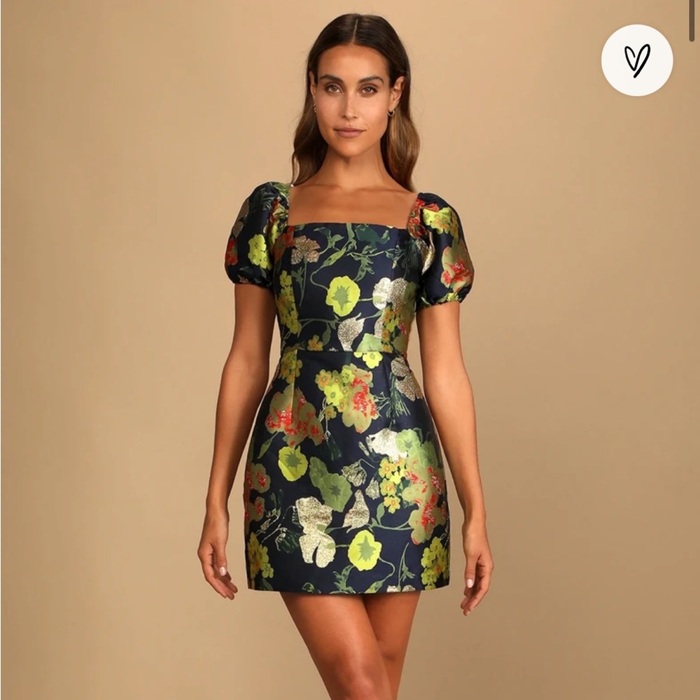 Lulus Navy Blue Floral Jacquard Puff Sleeve Mini Dress, Size Small